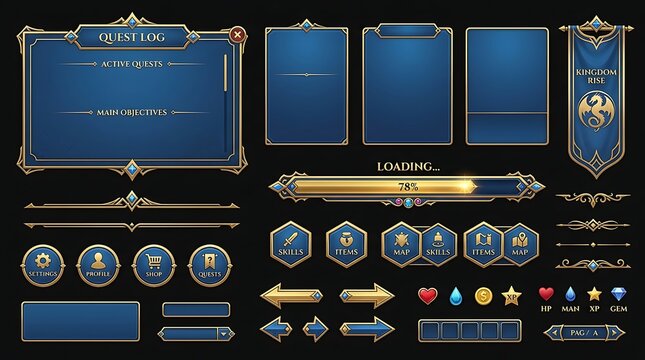 Fantasy Game UI Asset Kit with Blue and Gold Decorative Frames and Buttons