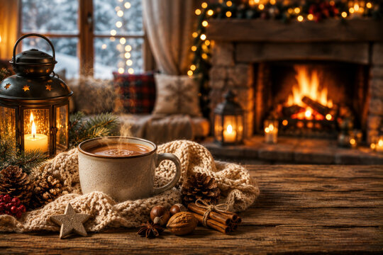 Cozy Autumn Evening, Hot Drink and Lantern with Warm Lights