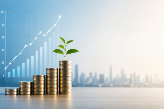 Financial Growth, Stacked Coins and Growing Plant with Rising ChartInvestment Growth Concept, Coins and Green Plant with Business Graph