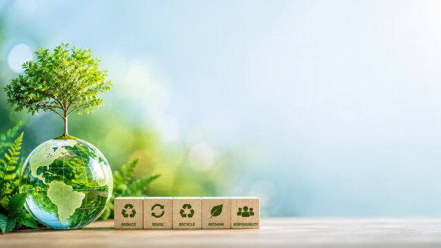 Sustainability Concept, Green Tree and Earth with Recycling Symbols
