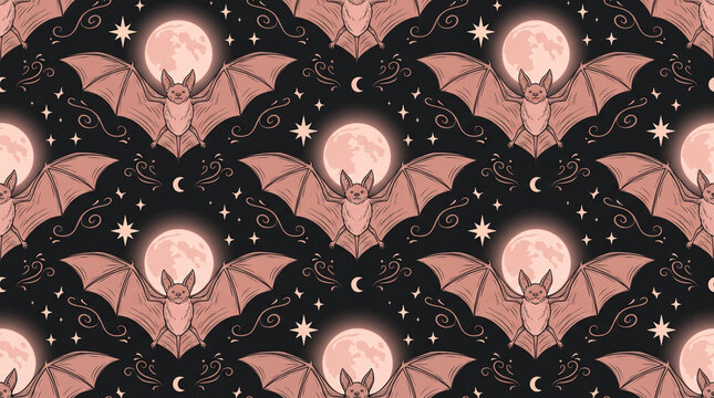 Flying Bats and Pink Full Moon Halloween Seamless Pattern