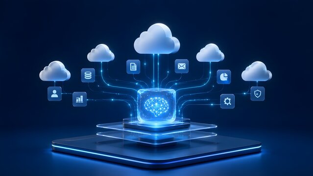 A glowing brain inside a cube is connected to multiple cloud computing icons representing data management 3d rendered.