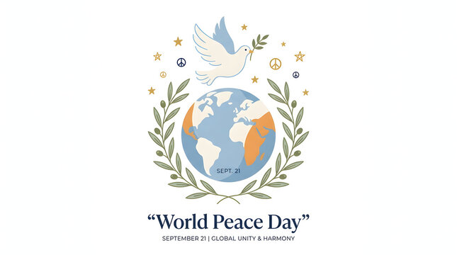 World peace day concept illustration featuring globe dove and olive branches on white background