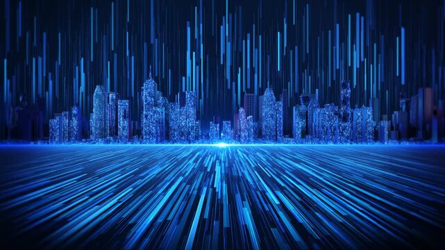 Digital skyline animated light columns and data streaks. for analytics dashboards, market trends, enterprise data, performance metrics, cloud infrastructure, automation, prediction business 19