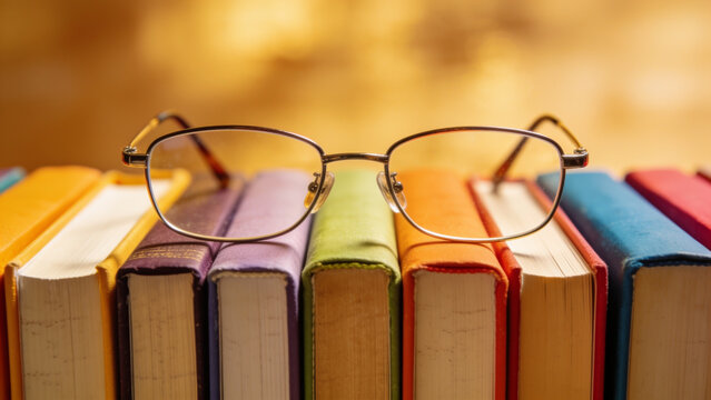 Vintage eyeglasses on colorful books symbolizing knowledge