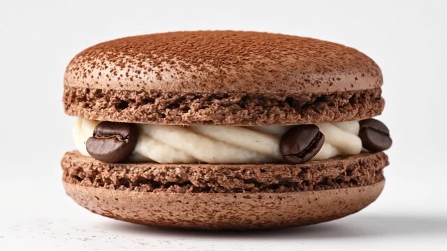 Delicious coffee flavored macron with cocoa powder and coffee bean topping