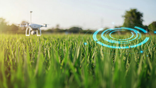 Drone flying over lush green field with digital target overlay