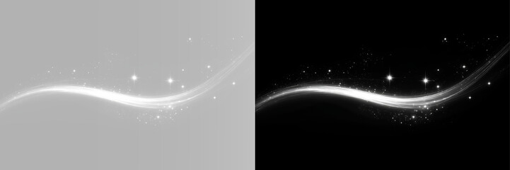 Sparkling light wave with white glitter stars, glowing curved streak, shimmering particle trail, bright magic dust and flowing stardust swirl © Вадим Мартишко