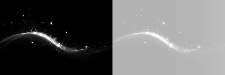 Sparkling light wave with white glitter stars, glowing curved streak, shimmering particle trail, bright magic dust and flowing stardust swirl © Вадим Мартишко