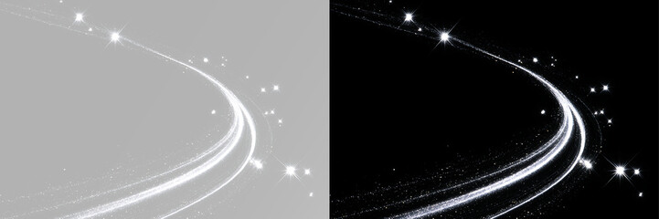 Bright stardust trail with sparkling white glitter, curved glowing wave, shimmering stars, magic dust particles and elegant light sweep effect © Вадим Мартишко