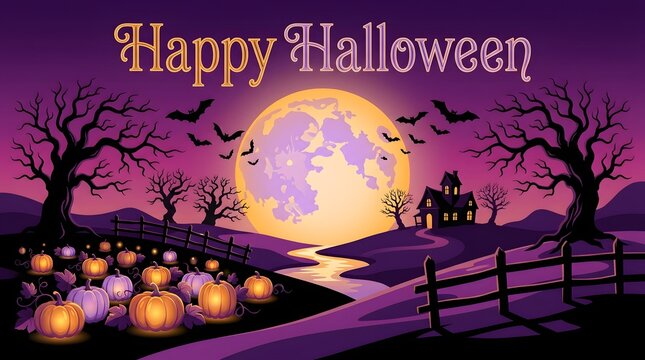 Spooky halloween night scene with jack o lanterns and a full moon in the background