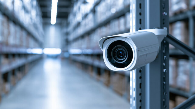 A security surveillance camera is mounted on a rack in a large industrial warehouse. This image represents modern logistics safety and loss prevention technology.