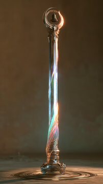Norse myth heimdall abstract light effect, vertical silver pillar, spiraling rainbow bands, glowing horn outline, nine layered halos symbolizing realms, solemn vigilant guardian asset for poster, pack