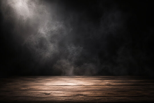 Dark Smoky Background, Wooden Floor with Dramatic Spotlight