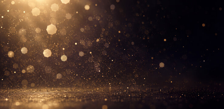 Golden Bokeh Background, Glowing Particles on Dark Background