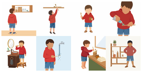 Fototapeta premium Little Boy Brushing Teeth Illustration Set Showing Daily Morning Routine and Dental Hygiene Education for Kids