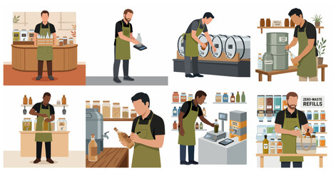 Fototapeta premium Collection of male shopkeepers working in a zero-waste and sustainable refill store, eco-friendly retail concept