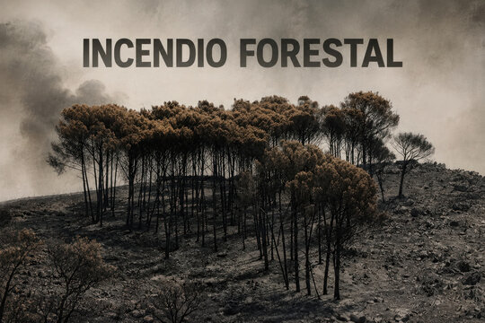 Forest Fire Aftermath, Burned Trees and Devastated Landscape