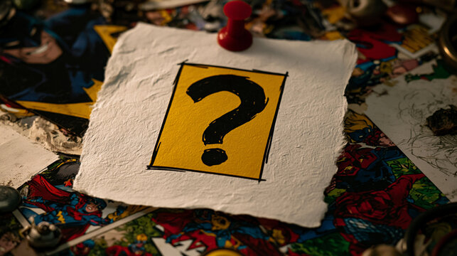 A hand-drawn question mark on a piece of paper sits atop vibrant vintage comic books. Ideal for concepts of mystery, riddles, or storytelling creativity.