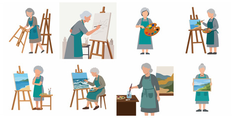 Fototapeta premium Collection of senior woman artist characters painting on canvas and enjoying creative hobby vector illustration