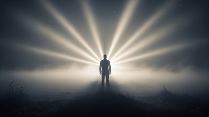 Fototapeta premium A silhouette of a man standing in front of bright radiating light in the dark.