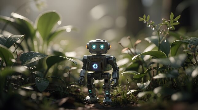 A small cute robot exploring the lush green forest floor with glowing eyes.