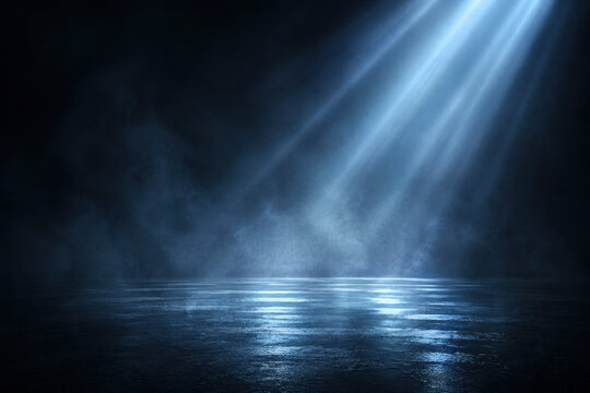 Dark Blue Stage Background with Dramatic Light Beams and Smoke