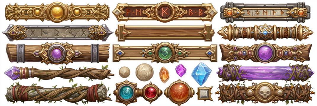 Detailed RPG game UI elements featuring ornate bars and magical gemstones.
