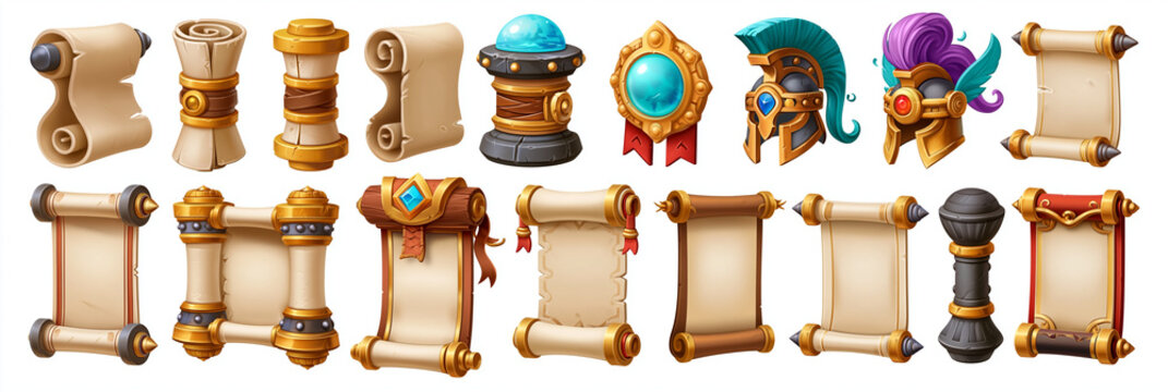 Colorful RPG game assets featuring scrolls, shields, and decorative elements.