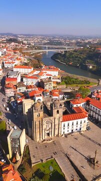 Porto cathedral aerial view overlooking douro river