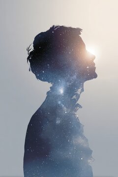 Cosmic Consciousness: A silhouette of a person's head overlaid with a vibrant galaxy and the sun, evoking a sense of wonder, spirituality, and the vastness of the universe.