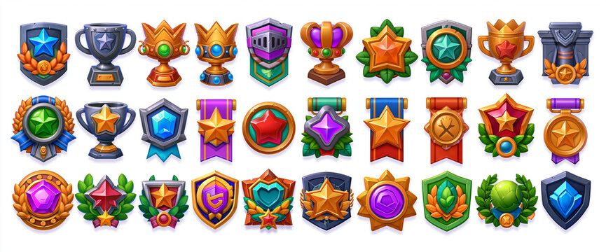 Colorful collection of game achievement badges and trophies for a fun RPG interface.