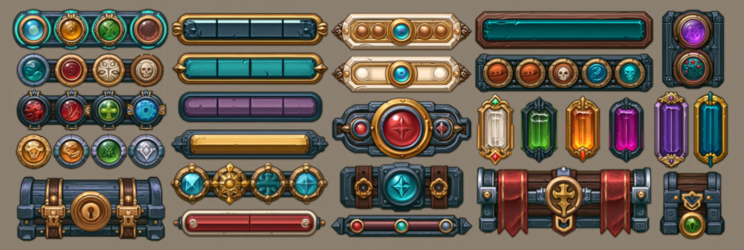 Colorful RPG game assets featuring buttons, bars, and decorative elements.