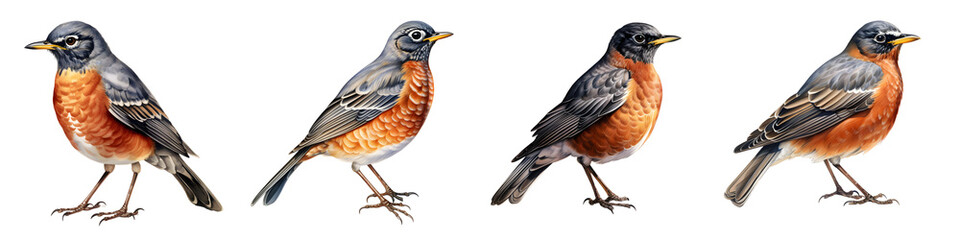 Fototapeta premium Elegant quartet of american robins isolated on black background, watercolor style painting