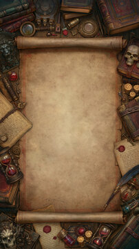 Mystical scroll surrounded by antique books and mysterious artifacts.
