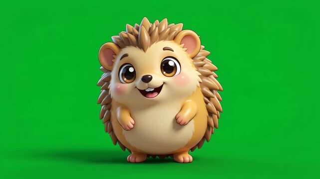 Adorable cartoon hedgehog with big eyes and a happy smile on a vibrant green background, perfect for children's designs.