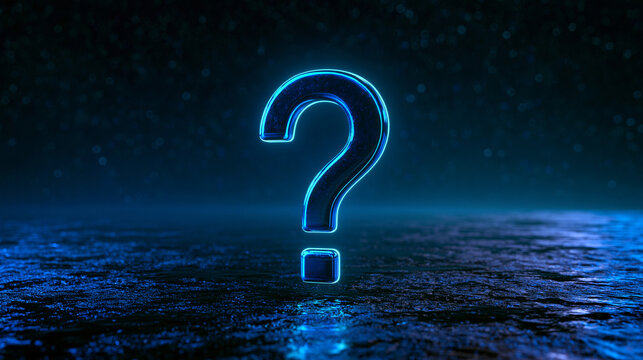 A glowing blue neon question mark icon stands on a dark, reflective surface with bokeh background. Symbolizes mystery and technical problem solving concept.