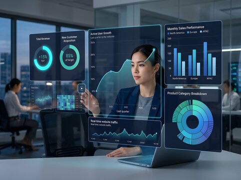 Professional Analyst Reviewing Futuristic Digital Business Analytics Dashboard with Real-Time Metrics and Growth Charts