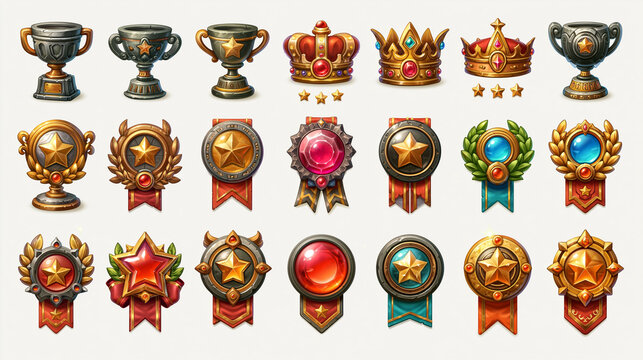 Colorful collection of gaming trophies and medals in various designs.