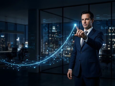 Professional businessman confidently analyzing futuristic upward-trending stock market graph with digital interface in modern office setting