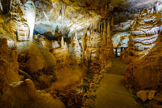 Illuminated limestone shields and formations in Lehman Caves