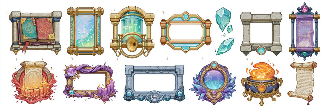 A vibrant collection of fantasy-themed frames and scroll designs in various shapes.