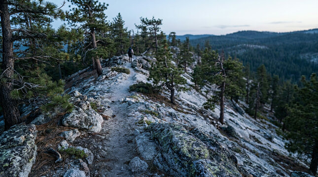 Lone walker on a rocky mountain path above a forested valley in cool light