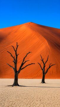 Two dead trees standing against a vivid red sand dune and blue sky