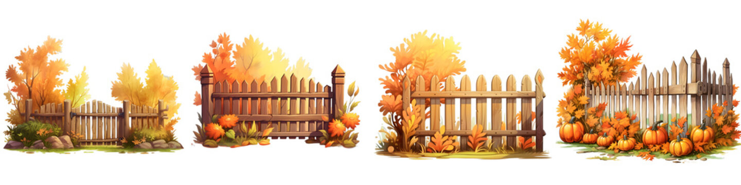 Cartoon illustration of autumn fences surrounded by seasonal foliage and pumpkins against a black background