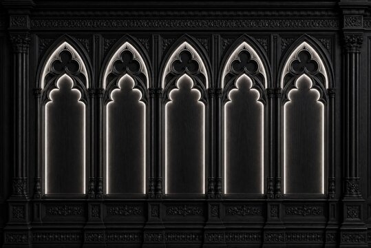 Black ebony minimal gothic arch wall paneling, 3D wallpaper sticker or wall sticker with pointed arches