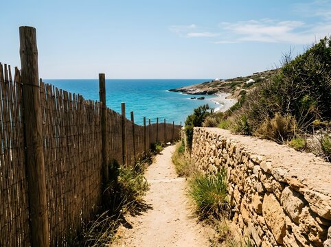 Serene Coastal Pathway Leading to Turquoise Sea Amidst Rustic Stone Walls and Wooden Fence Under Clear Sky