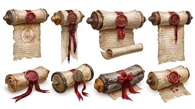 Various ancient scrolls with wax seals and decorative ribbons.