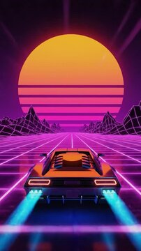 Retro sports car driving on a neon grid road toward a giant sunset in outrun style