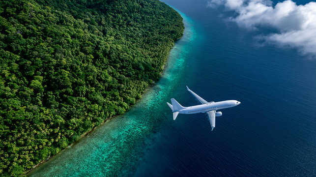 An airplane flies over a lush tropical island and turquoise ocean waters. Concept for international travel and global tourism.
